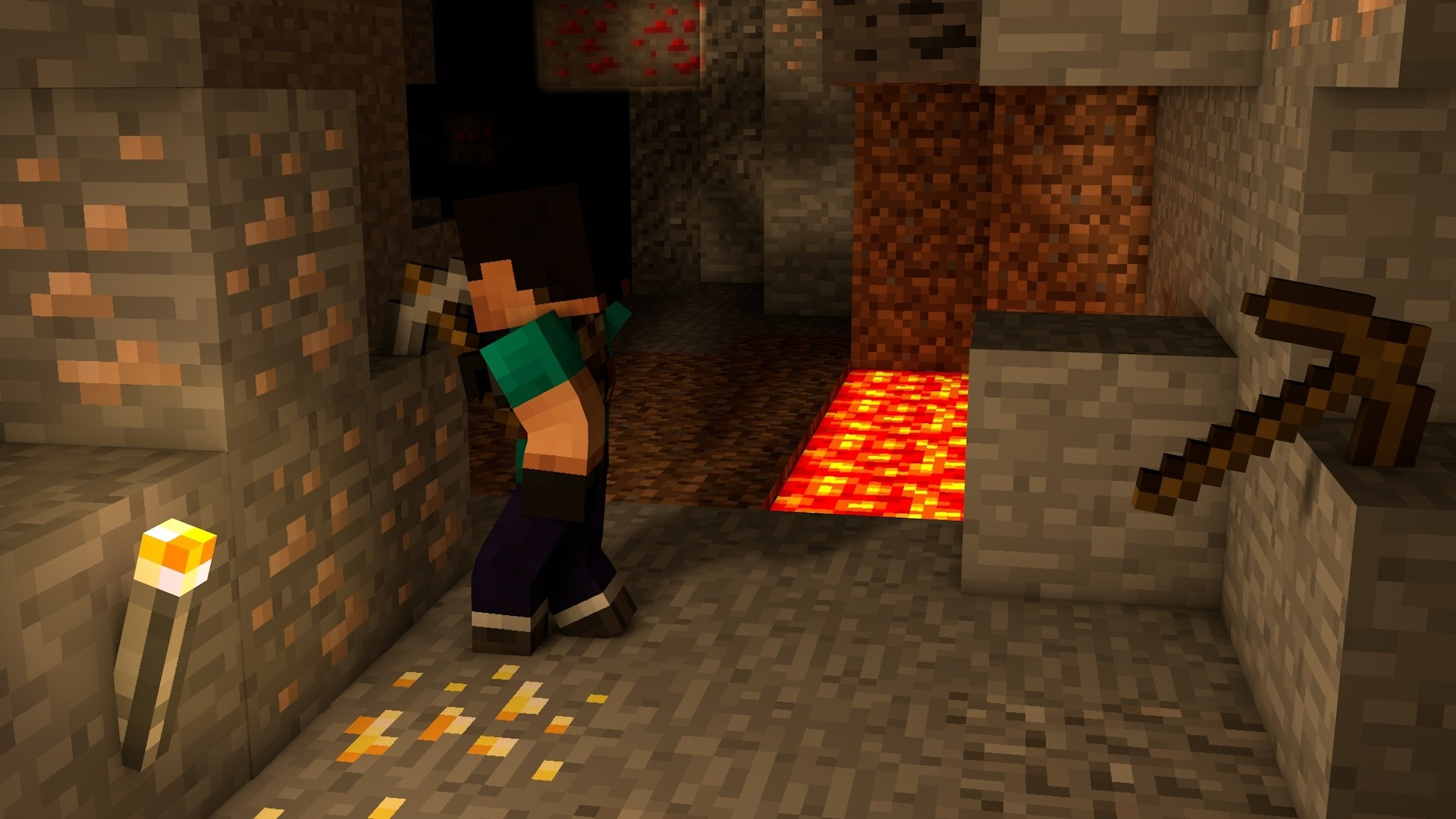 Personnage de Minecraft dans une grotte